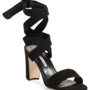 Manolo Blahnik Tondala Black Suede Ankle Wrap Heels
